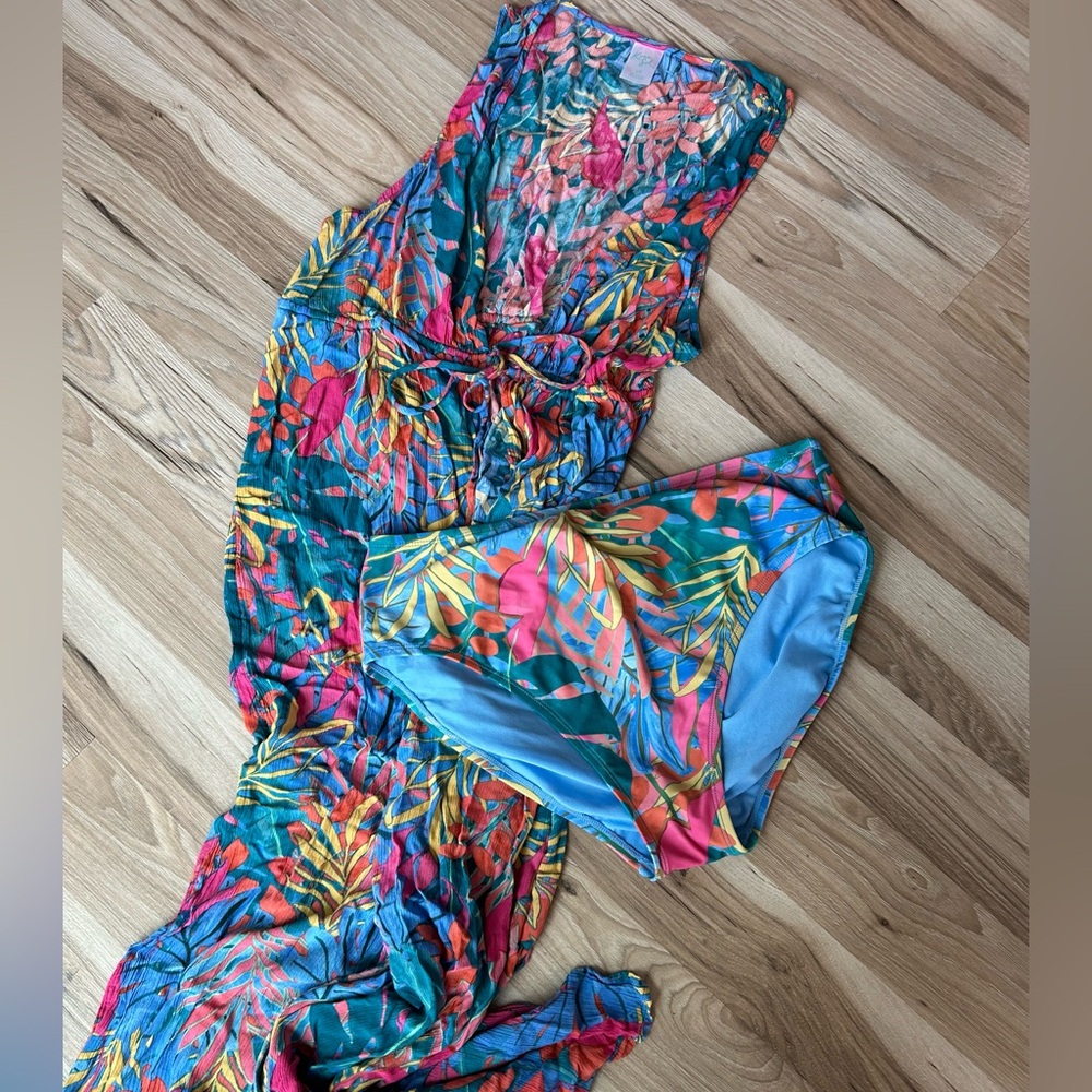 Kona Sol MATCHING SET - Tropical Maxi Coverup TieSize L/XL with Swim Bottoms